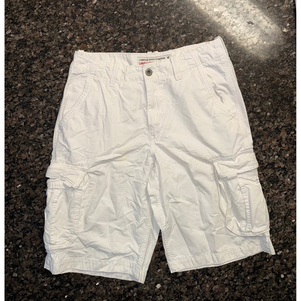American Eagle Outfitters Mens White Ripstop Cargo Shorts Longer Length Size 33